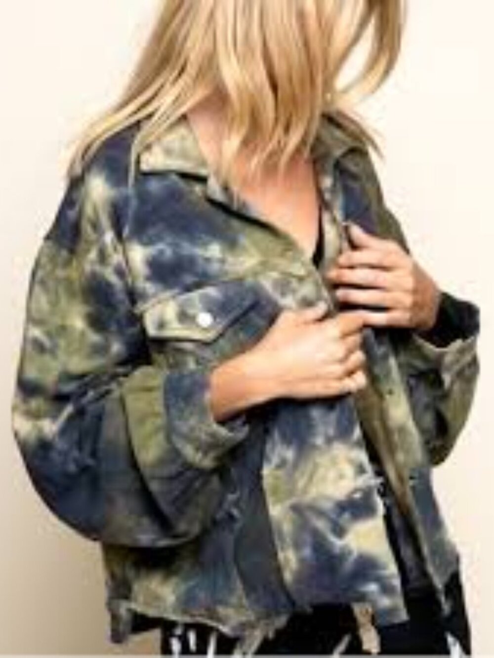 POL Tie Dye Distressed Button Front Sweater Trucker Jacket Size Large